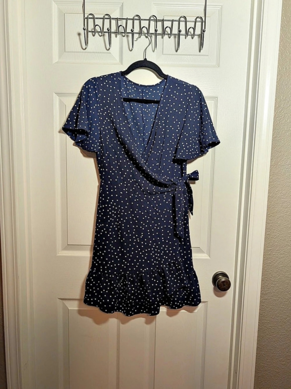 Short Sleeve Polka Dot Wrap Dress in Blue & White